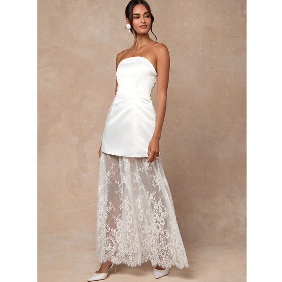 Lulus Dresses & Skirts - Lulus Winslet White Satin Sheer Hem Strapless Maxi Dress Open Back NWT XL